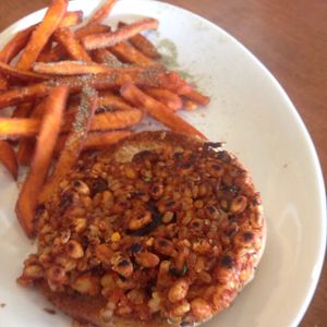 brown rice lentil burger at Native Foods - Point Loma in San Diego