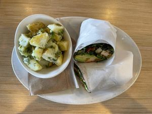 buffalo twister wrap with potato salad   at Native Foods - Point Loma in San Diego