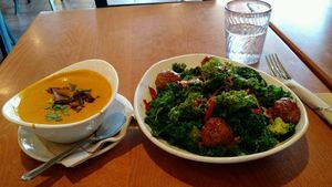 thai curry soup and kale meatball quinoa at Native Foods - Point Loma in San Diego