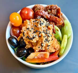 Paprika hummus bowl at Aquarelle in Wroclaw