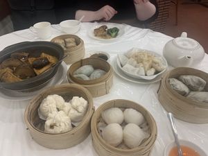 Shrimp dumplings, green veggie dumplings, bbq pork buns, sticky rice, rice noodle rolls, meat dumplings and tofu and veg hot pot at Graceful Vegetarian in Markham