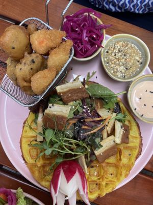 Rice flour waffle with shrimp salad and baconn  at Mandala Brunch in Cologne