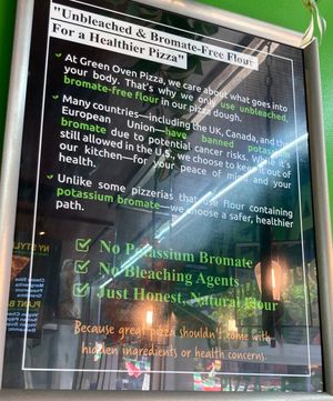 Placad explaining about their flour at Green Oven Pizza in New York City