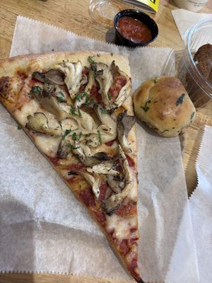 oyster mushroom pizza and garlic knot   at Green Oven Pizza in New York City