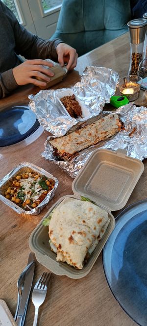 Naan burger, sate, wrap and a chickpea thingy at Veggiesaurus in The Hague