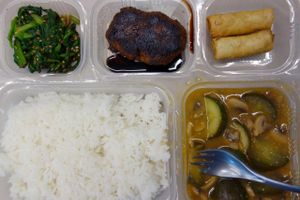 A vegan food box: Vegan chicken teriyaki steak / Spicy cucumber / Carrot spring rolls / Spinach with sesame dressing / Rice. at Veggiesaurus in The Hague