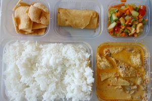 A Veggiesaurus Food Box, all vegan -  jasmine rice, spicy red curry, spring rolls, cassava chips and Thai salad with cashews. at Veggiesaurus in The Hague