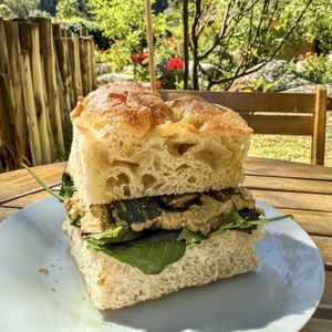 Melanzana focaccia sandwich   at Mandhala in Urubamba