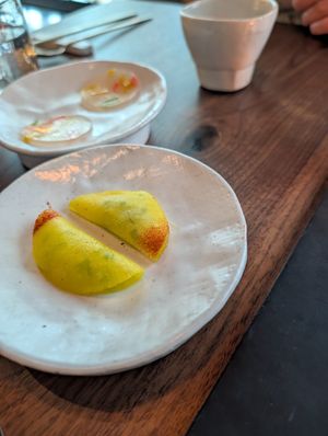 Crepe with apple fennel filling and wasabi sauce at Baroo in Los Angeles