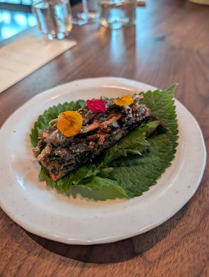 Seaweed battered crispy root veg in shiso leaf at Baroo in Los Angeles