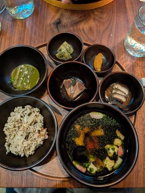 Bansang - feat. artichoke, morel mushroom, scallion pancake, dried radish leaf soup, wild mountain greens rice at Baroo in Los Angeles
