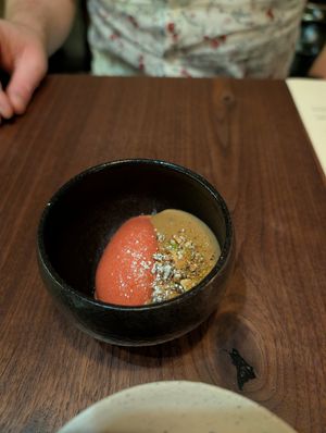 Dessert - house made strawberry sorbet with hazelnut cream and crumbled pistachio at Baroo in Los Angeles