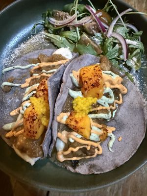 Tacos de maiz negro con berenjena ahumada  at Terralma Cocina Viva in Madrid