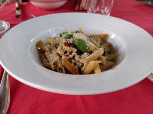 Penne with homemade vegan parmesan at Moosmuehle in Hefenhofen