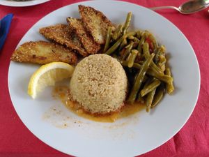 fried celery schnitzel with quinoa and fresh beans at Moosmuehle in Hefenhofen