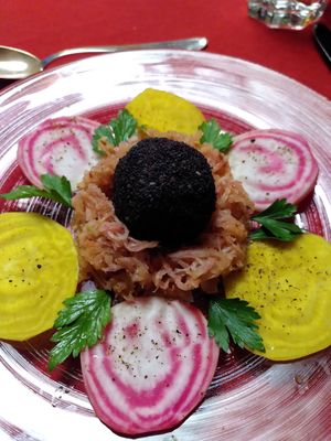 Day 3 dinner starter - avocado and hazelnut bal with colorful beets at Moosmuehle in Hefenhofen
