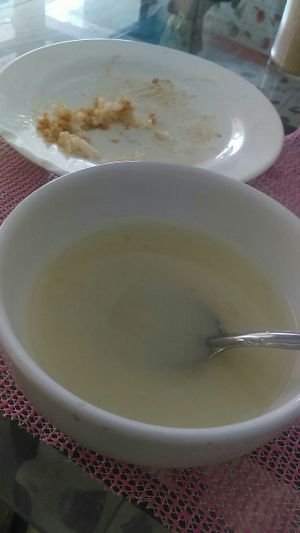 Segundo plato: sopa de papa y arroz. Todo vegano at Comedor Vegetariano in Mexico City