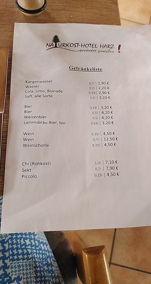 Drinks menu at Naturkost-Hotel Harz in Bad Grund