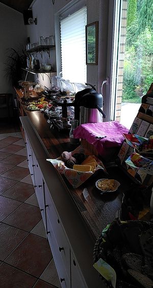 The whole breakfast buffet with bread, wide variety of spreads, fruit, veggies, warm and cold drinks, smoothies, almond milk, porridges, warm dishes like lentil dahl and pancakes at Naturkost-Hotel Harz in Bad Grund