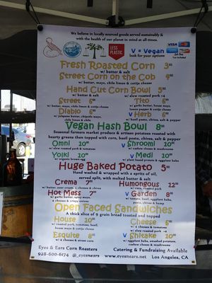Vegan options at the Eyes & Ears Corn stall at Farmer's Market in Torrance