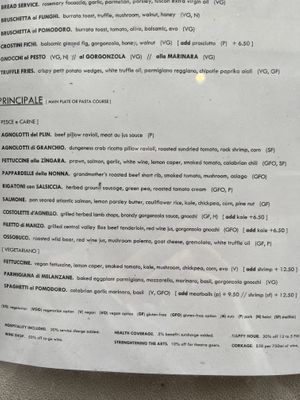 Last two principale menu items are vegan.  at Zingari Steakhouse & Pasta Bar in San Francisco
