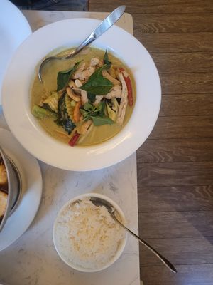 Green curry with added white rice at Araya's Place - Madison St in Seattle