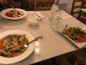 Tom yum noodle soup (F), Thai fried rice (R), and the tofu cashew stir fry (B) at Araya's Place - Madison St in Seattle