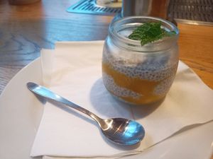 Vegan dessert - Chia - Mango pudding with coconut milk at Brandauer Bierbögen in Wien