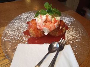 Vegetarian "Eismarillenknödel" (apricot dumplings)- sweet Austrian ice cream speciality at Brandauer Bierbögen in Wien