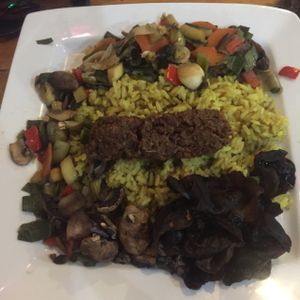 vegan chorizo and curry rice at Soju in Santiago