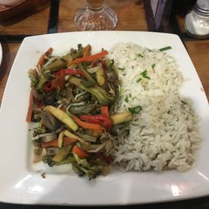 Sautéed mushroom and vegetables with rice at Soju in Santiago