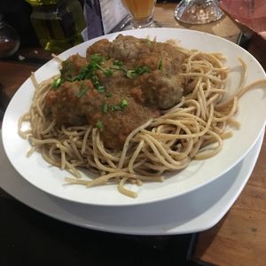 Spaghetti with “meatballs” at Soju in Santiago