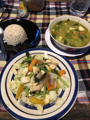 Green curry tofu, stir fried veg tofu, brown rice = 180 baht  at Mama Pooh's Kitchen in Koh Phangan