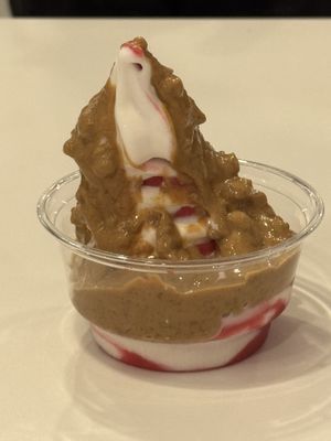 All vegan Vanilla and Pomegranate twist soft serve with biscoff drizzle   at Whimsy Street Treats  in Halton Hills