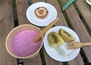 Cold beetroot soup, desert  at Bitės Virtuvėlė in Musninkai