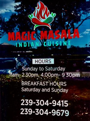 Front door- note they close between lunch and dinnerr  at Magic Masala Indian Cuisine in Naples