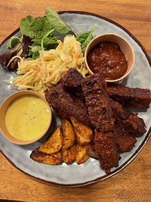 BBQ glazed seitan ribs. Unfortunately a disappointment. The ribs was over cooked -dry, hard and had almost no flavour to them. The red sauce was ok but the yellow had no flavour.  at Veggokoket in Vasteras