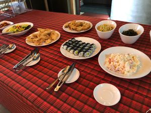Lunch Buffet: Salad, sushi, deep fried dumplings, spring rolls, veggie curry at Paramita Vegetarian Restaurant - Cheung Yee in Kowloon