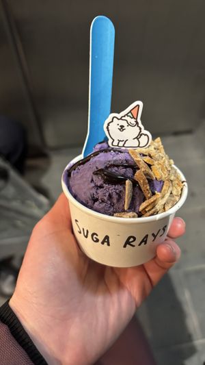 Ube with chocolate sauce and almonds  at Suga Rays in Melbourne