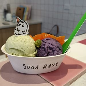 Wasabi edamame and ube at Suga Rays in Melbourne