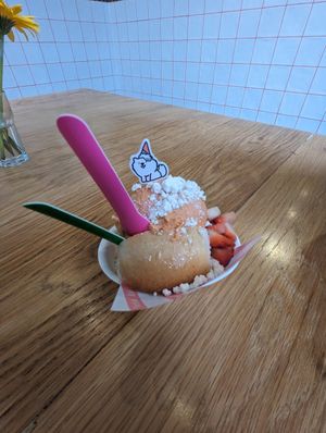 Thai tea icecream in sugarpan with coco crumb and strawberries - $9.65 at Suga Rays in Melbourne