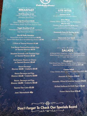 Menu at Pembrokeshire Promise in Wales
