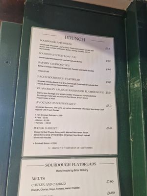 Brunch menu (V is vegan) at Nook & Noble Cafe in Ceredigion