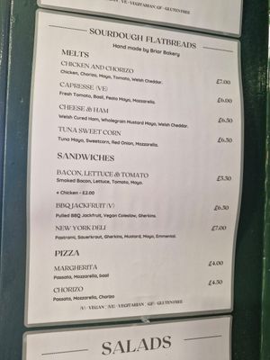 Flatbreads (V is vegan) at Nook & Noble Cafe in Ceredigion