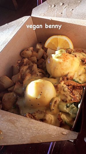 Vegan eggs Benny at Friends and Neighbours Cafe in Edmonton