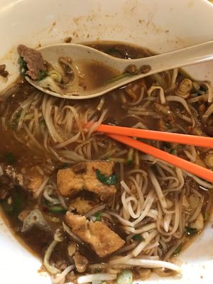 Beef in my vegan soup, absolutely disgusting.  at Friends and Neighbours Cafe in Edmonton