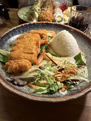 Vegan rice dish with peanut sauce and crispy tofu  at LêLê in Berlin