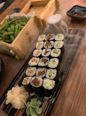 Vegan sushi (mushroom, tofu, cucumber) with some dry ice for extra Drama!   at Aiko in Berlin