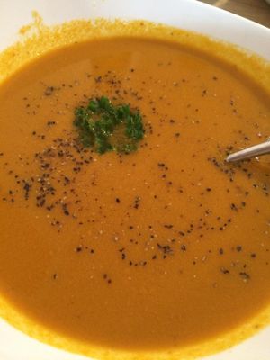 Carrot Ginger Soup at Rawlicious in Newmarket