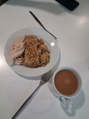 Apple and rhubarb crumble with plum ice cream at Community Cafe in North London